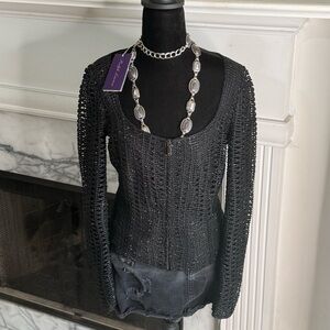 NWT Purple Label Ralph Lauren Black Beaded Knit Jacket Silver Accents Women’s 2